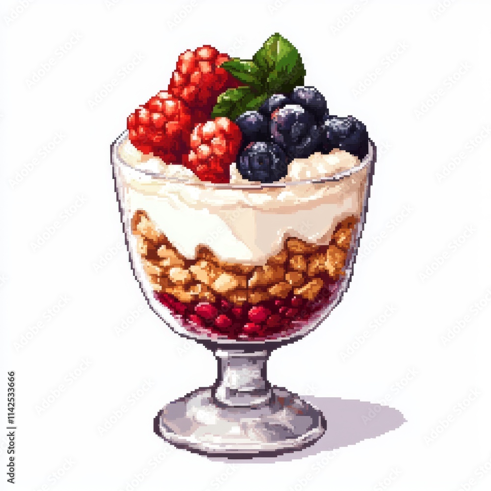 Pixel Art Fruit Parfait - Vibrant Layers of Yogurt, Granola, and Berries in Clear Cup on White Background