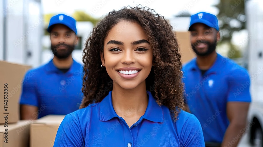 Moving company employees are actively working together, carrying boxes and furniture into a truck while wearing matching uniforms and smiling Moving company employees are actively working together, carrying boxes and furniture into a truck while wearing matching uniforms and smiling