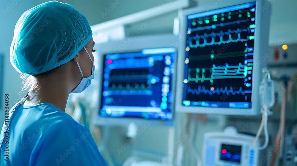 Fototapeta premium A healthcare professional monitoring a patient's vital signs on a computer screen in a modern hospital room with medical equipment visible in the background 