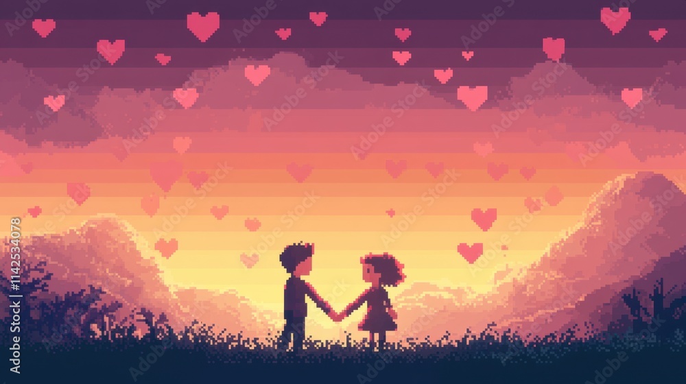 Romantic Pixel Art Scene with Silhouettes and Heart Shapes Romantic Pixel Art Scene with Silhouettes and Heart Shapes