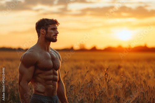 Strong shirtless farmer with defined muscles standing in a wheat field at sunset, enjoying the golden hour light photo