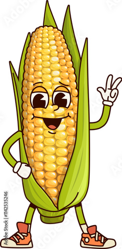 Groovy corn vegetable character. Isolated cartoon vector cheerful maize cob farm personage with green husk and ripe kernels, wearing retro shoes, giving a peace sign with joyful face expression