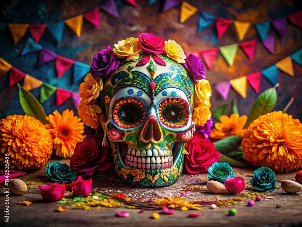 Fototapeta premium Dia de los Muertos Skull Frame, Colorful Sugar Skull Photography, Mexican Holiday Photo