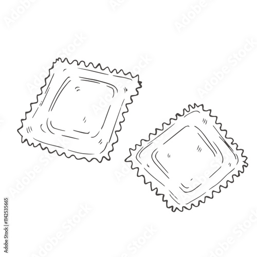 Italian pasta ravioli with meat or cheese inside. Hand drawn sketch style illustration of traditional italian food. Best for menu designs and packaging. Vector drawing isolated on white background.