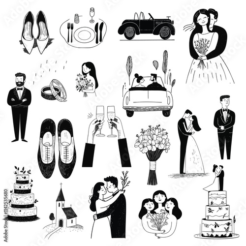 Hand drawn doodle style wedding illustrations