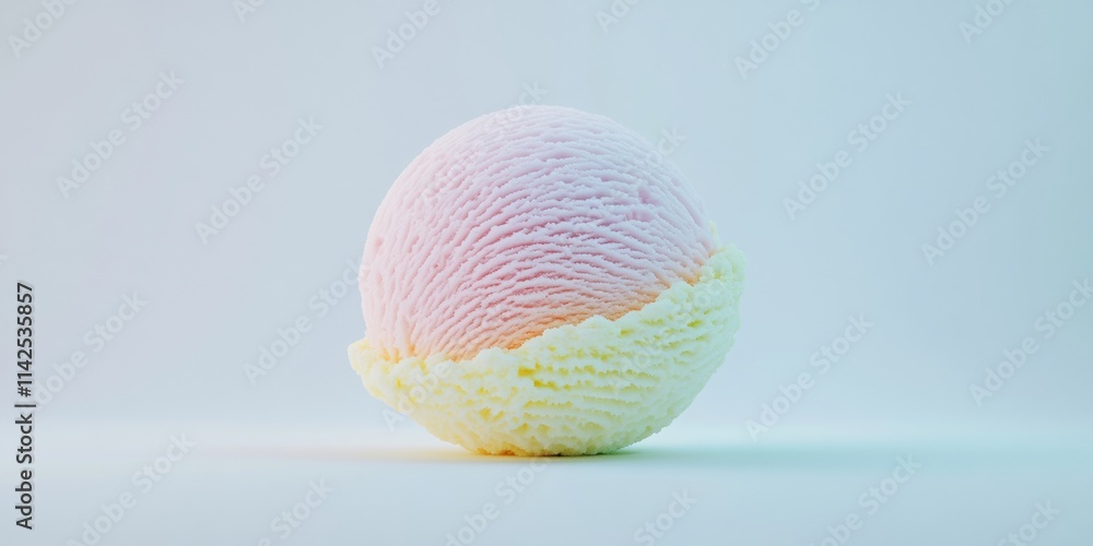 Close-up of a single scoop of colorful ice cream, minimalistic 3D style, placed on a plain white backdrop Close-up of a single scoop of colorful ice cream, minimalistic 3D style, placed on a plain white backdrop