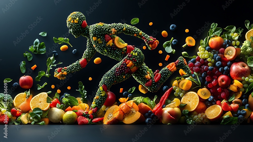 Running with fruits and vegetables a creative food art display Running with fruits and vegetables a creative food art display