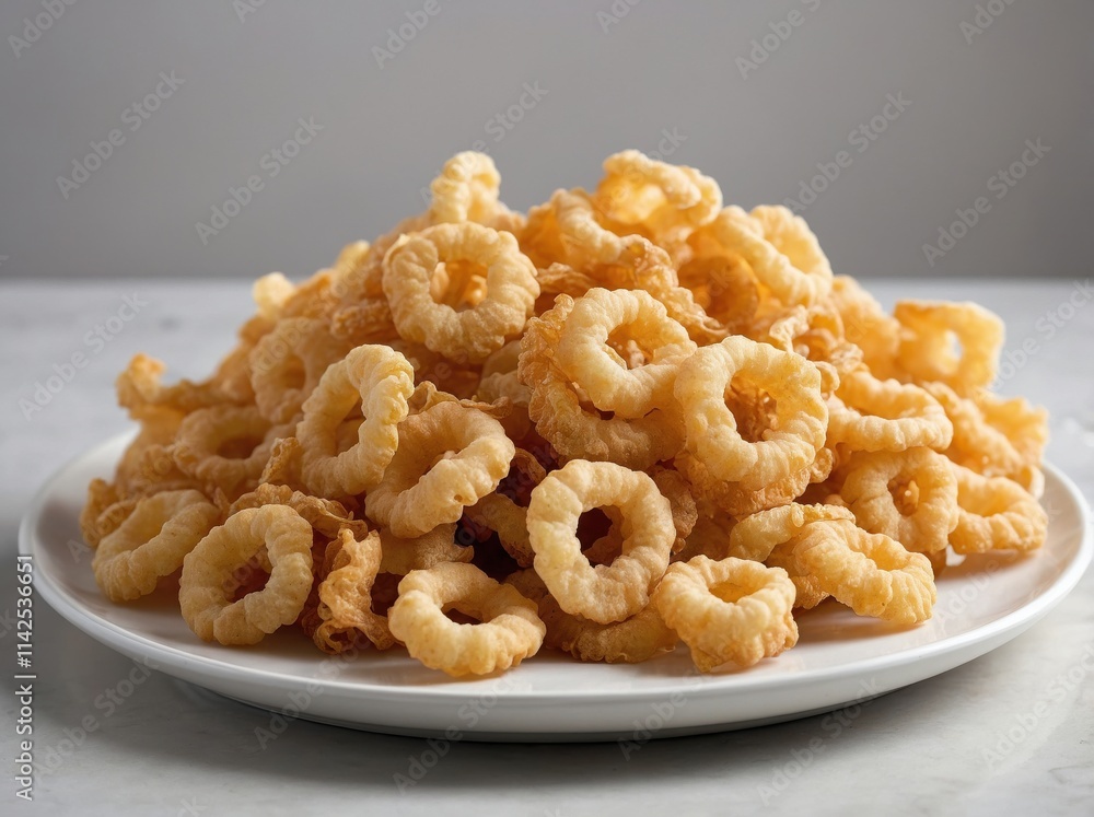 A small pile of crispy, golden pork rinds placed neatly on a smooth white ceramic plate. A small pile of crispy, golden pork rinds placed neatly on a smooth white ceramic plate.