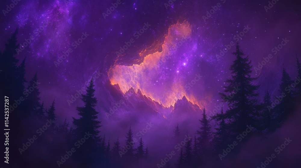 Fototapeta premium Cosmic Landscape with Vibrant Purple Sky and Misty Forest