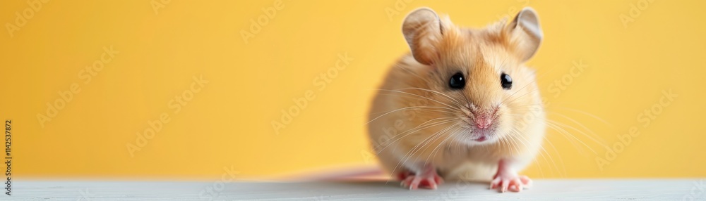 A cute, fluffy hamster with a light orange coat sits against a bright yellow background, showcasing its adorable features.