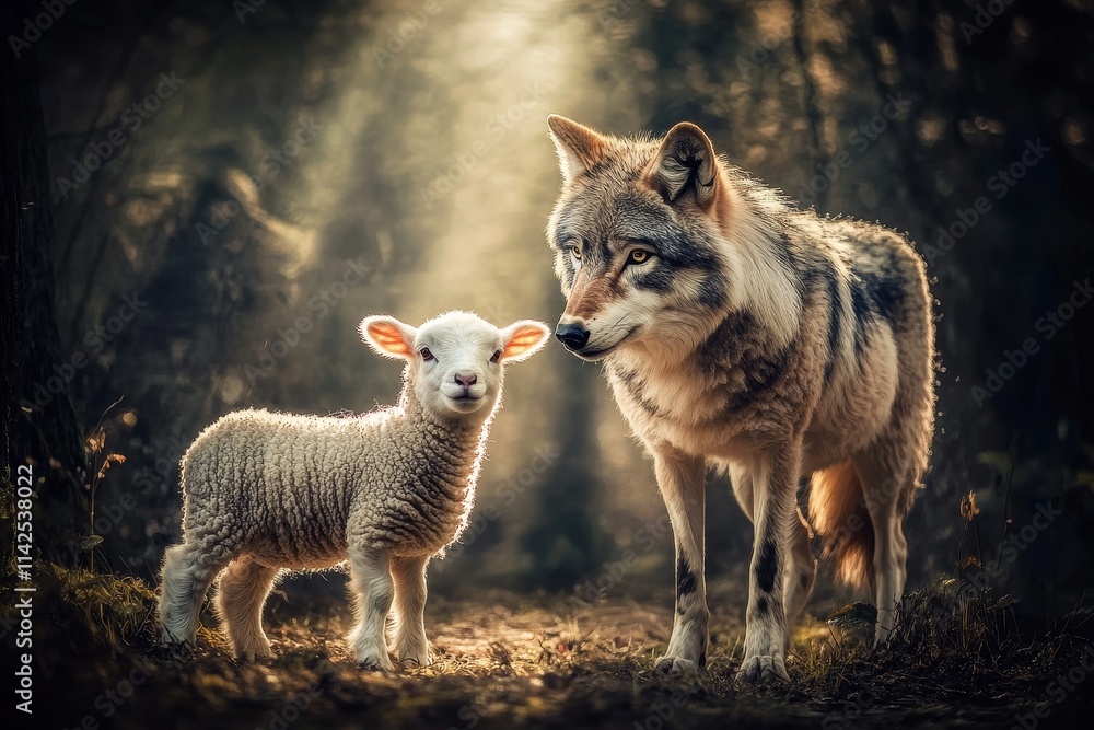 Obraz premium Heartwarming Encounter Between a Playful Lamb and a Majestic Wolf in a Mystical Forest Setting, Capturing the Essence of Nature's Unlikely Friendships and Harmony