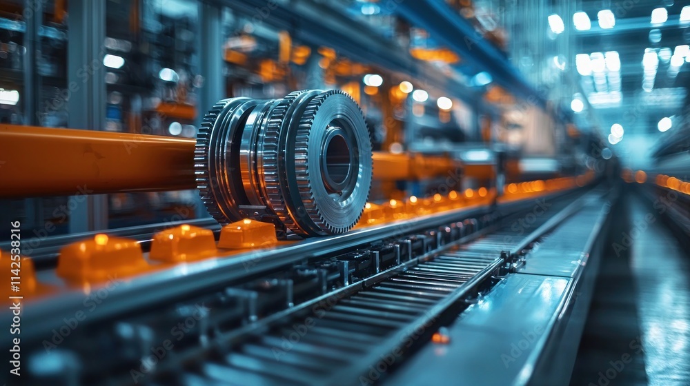 Naklejka premium Progress Towards Eco-Friendly Manufacturing: Close Up of Large Factory with Energy-Saving Equipment and Transition Indicators