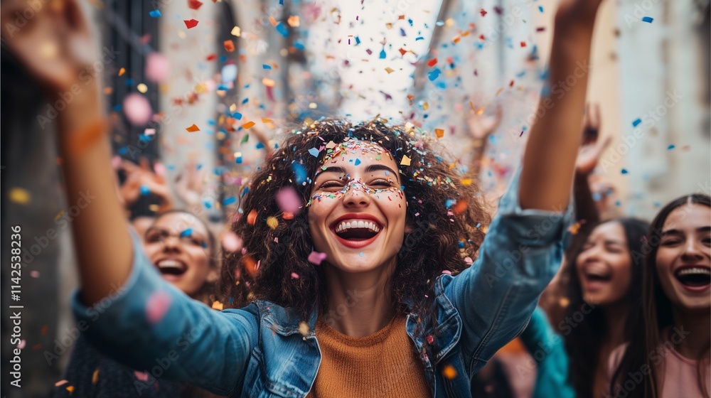 A group of friends throwing confetti in the air as they shout 'Happy New Year!' in a lively party setting A group of friends throwing confetti in the air as they shout 'Happy New Year!' in a lively party setting