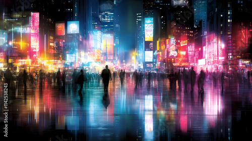 Wallpaper Mural Vibrant night cityscape with neon signs, pedestrians, and reflections Torontodigital.ca