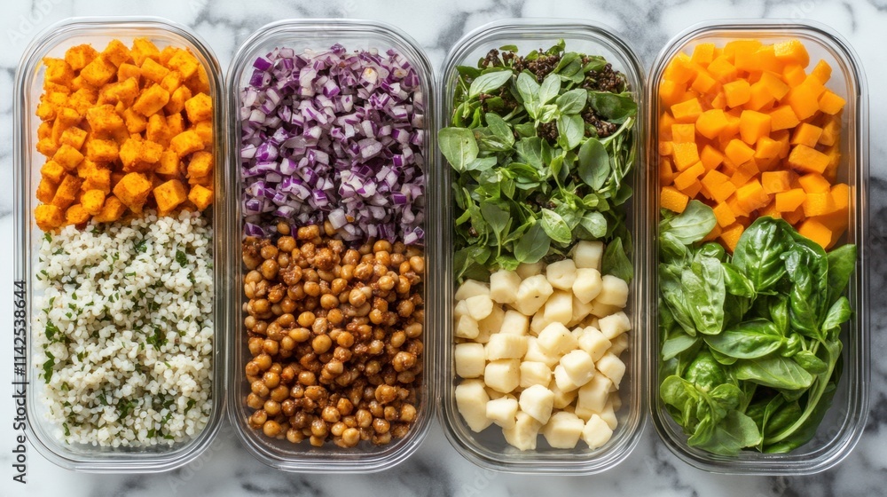 Colorful Meal Prep Containers Filled with Fresh Vegetables and Grains Colorful Meal Prep Containers Filled with Fresh Vegetables and Grains