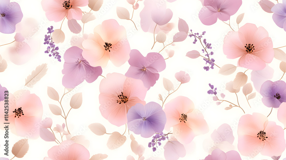 Modern floral design featuring abstract pink and lavender flowers, creating soft and elegant pattern Modern floral design featuring abstract pink and lavender flowers, creating soft and elegant pattern