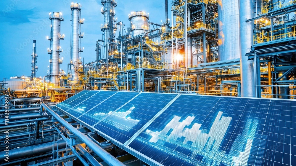 Green Energy Revolution: Workers Installing Solar Panels for Industrial Facility Energy Savings Analysis Green Energy Revolution: Workers Installing Solar Panels for Industrial Facility Energy Savings Analysis