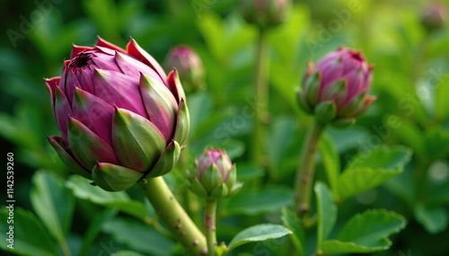 Wallpaper Mural Artichoke on a green leafy branch with flowers and buds, nature, garden, artichoke Torontodigital.ca