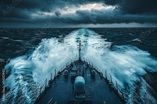 Military guided missile destroyer sailing in rough seas photo