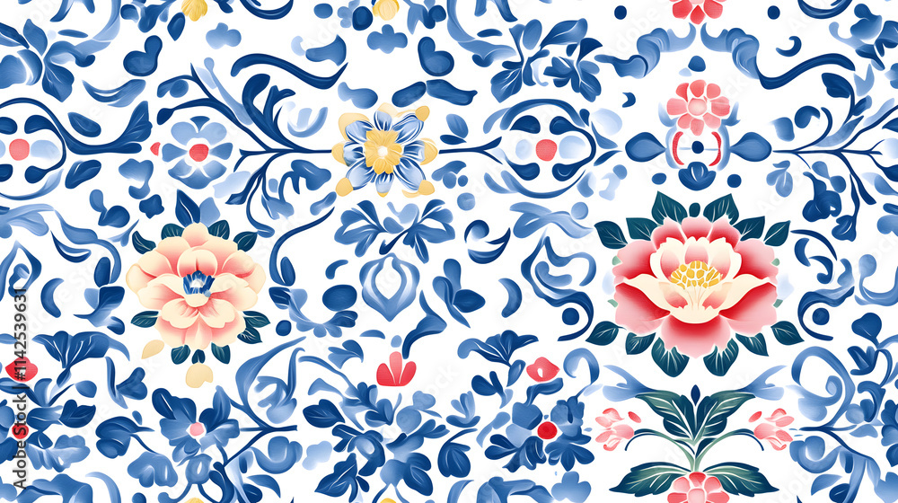 Floral pattern design with blue and red flowers on white background Floral pattern design with blue and red flowers on white background