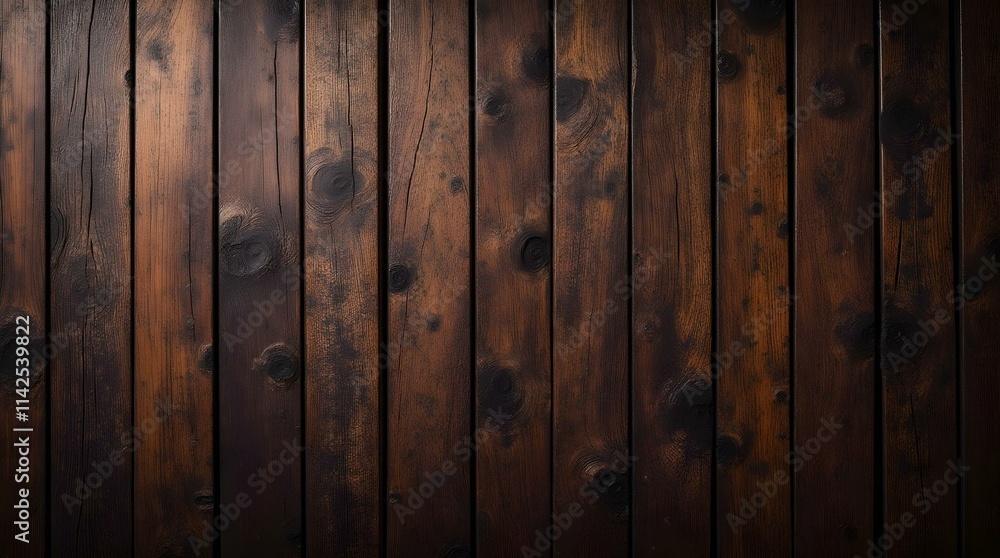 Obraz premium A close-up of a dark brown wooden surface made of vertical planks with visible wood grain and knots