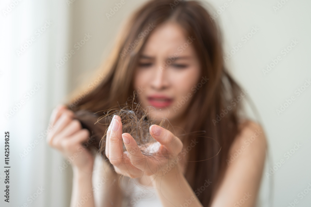 Serious, worried asian young woman, girl holding, show damaged loss hair, problem after brushing, hair fall out on hand. Health care of beauty treatment. Portrait isolated on background, copy space. Serious, worried asian young woman, girl holding, show damaged loss hair, problem after brushing, hair fall out on hand. Health care of beauty treatment. Portrait isolated on background, copy space.