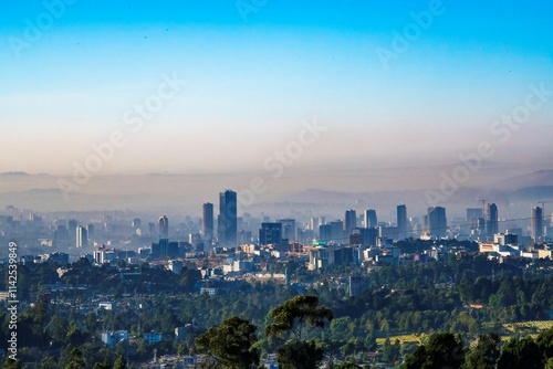 Addis Ababa in Ethiopia viewed from a distant mountain in the morning