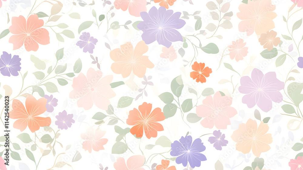 Intricate floral pattern featuring pastel flowers in soft colors and leaves Intricate floral pattern featuring pastel flowers in soft colors and leaves