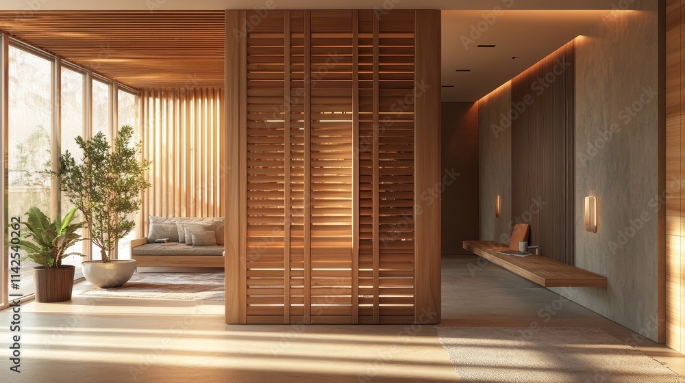 Obraz premium The surreal design of the entrance to the modern apartment is equipped with customized pine room partitions, vertical wooden strips, and minimalist design highlighting natural wood grain.