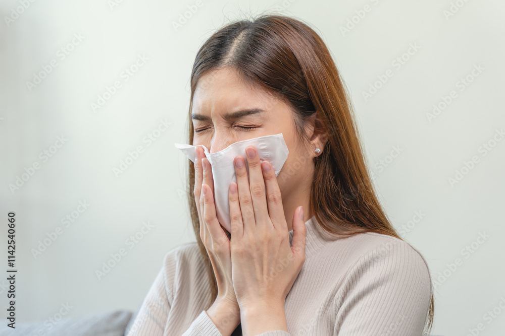 Female unhealthy Sickness, asian young woman, girl unwell and coughing, have cold, sore throat isolated white background suffering with symptom cough feeling bad. Healthcare of Coronavirus, covid-19. Female unhealthy Sickness, asian young woman, girl unwell and coughing, have cold, sore throat isolated white background suffering with symptom cough feeling bad. Healthcare of Coronavirus, covid-19.