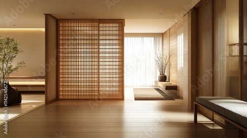 Wallpaper Mural The surreal design of the entrance to the modern apartment is equipped with customized pine room partitions, vertical wooden strips, and minimalist design highlighting natural wood grain. Torontodigital.ca