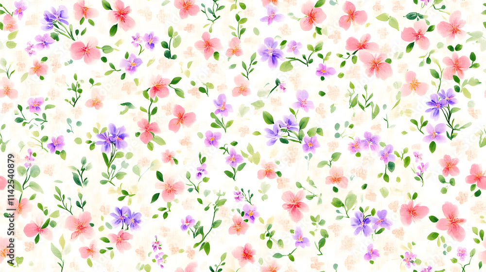 Delicate pastel floral print featuring small lavender and pink flowers, creating serene and cheerful atmosphere Delicate pastel floral print featuring small lavender and pink flowers, creating serene and cheerful atmosphere