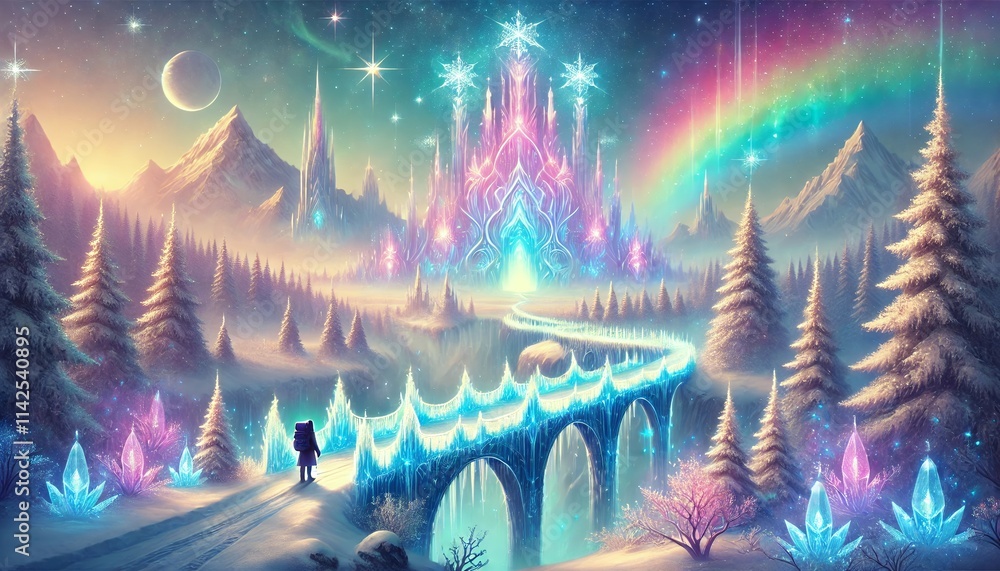 A Whimsical Ice Bridge Leading to a Dreamlike and Magical Pastel Fantasy World A Whimsical Ice Bridge Leading to a Dreamlike and Magical Pastel Fantasy World