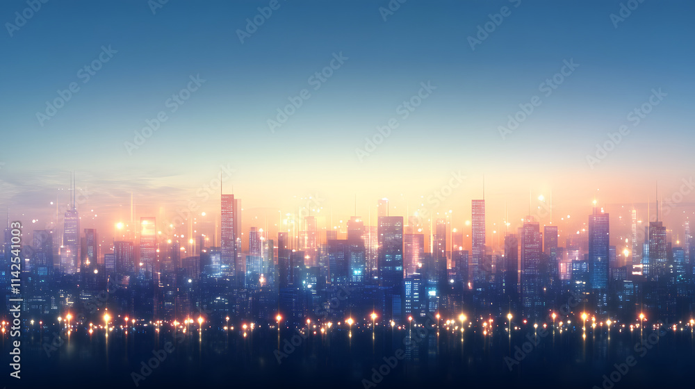 Cityscape at dusk with glowing street lights and skyscrapers illuminating skyline Cityscape at dusk with glowing street lights and skyscrapers illuminating skyline