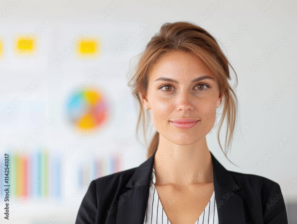 A confident professional woman stands in front of colorful charts, embodying leadership and success in a modern work environment. A confident professional woman stands in front of colorful charts, embodying leadership and success in a modern work environment.
