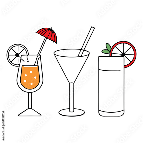 Set of (juices, soda, mocktails, cocktails) vector icon illustration,birthday,new year celebration on white background.