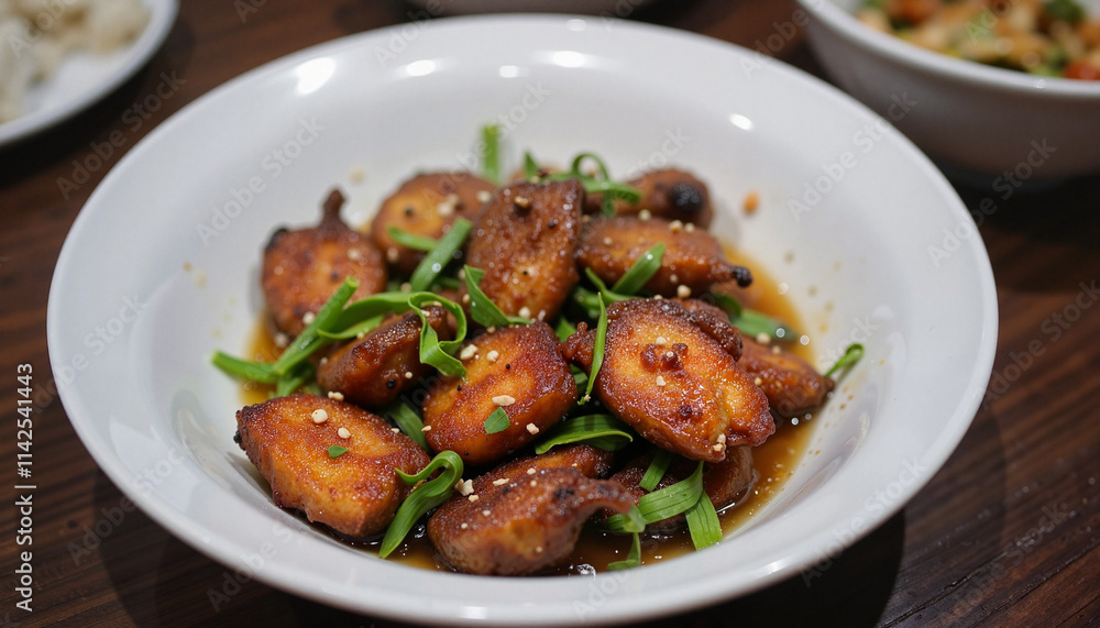 Delicious fried fish balls served in sauce with green onions in a white bowl Delicious fried fish balls served in sauce with green onions in a white bowl