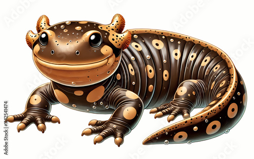 A colorful Chinese giant salamander, showcasing its distinctive patterns and playful expression. photo