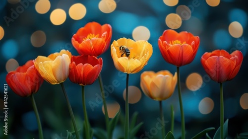 Colorful tulips with a bee, creating a lively spring scene in soft bokeh glow.