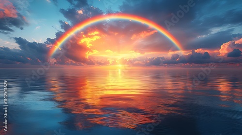 Vibrant sunset over calm ocean with a rainbow arching across the sky, reflecting on the water's surface.