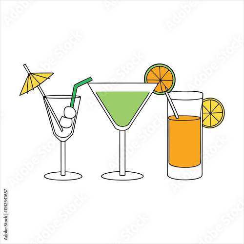 Set of (juices, soda, mocktails, cocktails) vector icon illustration,birthday,new year celebration on white background.