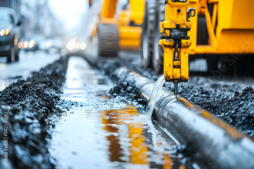 Urban Pipeline Installation, Heavy Machinery Inserts Pipe Section into Trench During Wet Conditions photo