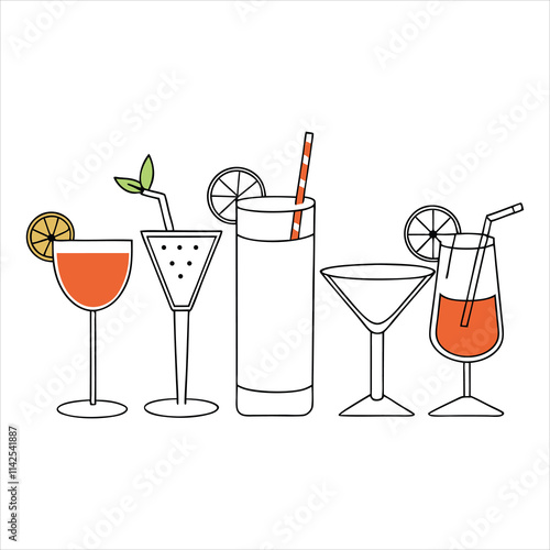 Set of (juices, soda, mocktails, cocktails) vector icon illustration,birthday,new year celebration on white background.