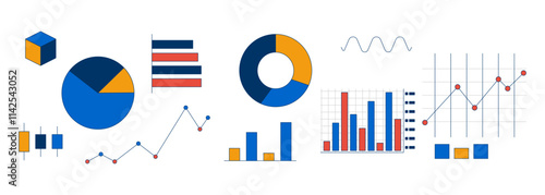 Data visualization charts 2D cartoon objects set. Piechart, bar graphs, scatter plots. Trend analysis diagrams isolated elements flat vector cliparts on white background. Spot illustrations collection