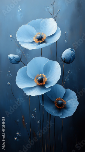 Elegant blue poppy flowers with delicate petals on a serene background, showcasing natural beauty and tranquility.