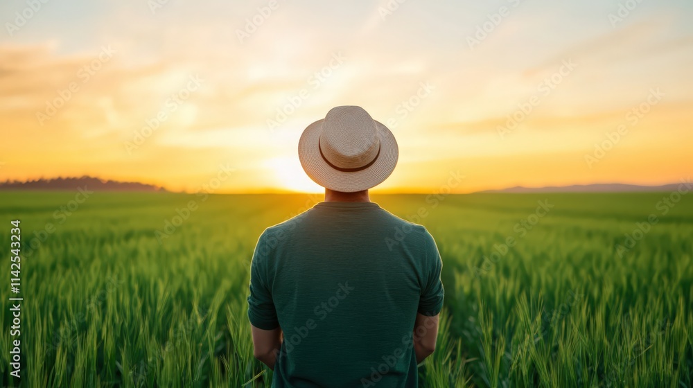 A man wearing a straw hat stands in a field of green grass A man wearing a straw hat stands in a field of green grass