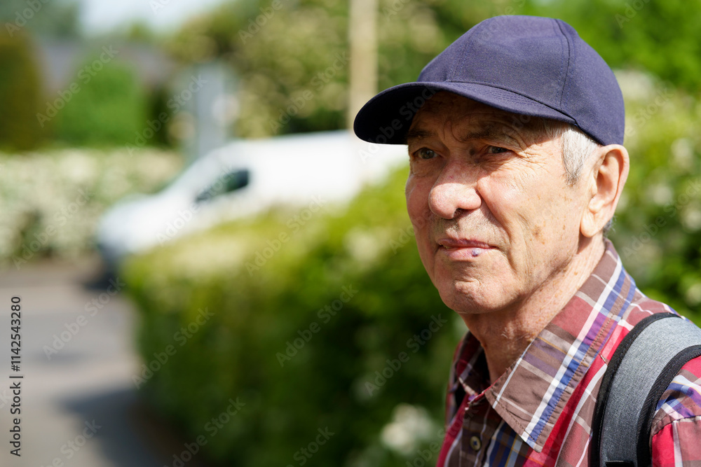Portrait of a senior man with cap looking away in the street Portrait of a senior man with cap looking away in the street