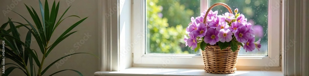 custom made wallpaper toronto digitala vase filled with fresh violet blooms arranged in a wicker basket on a sunny windowsill, floral displays, violet flowers, sunlight