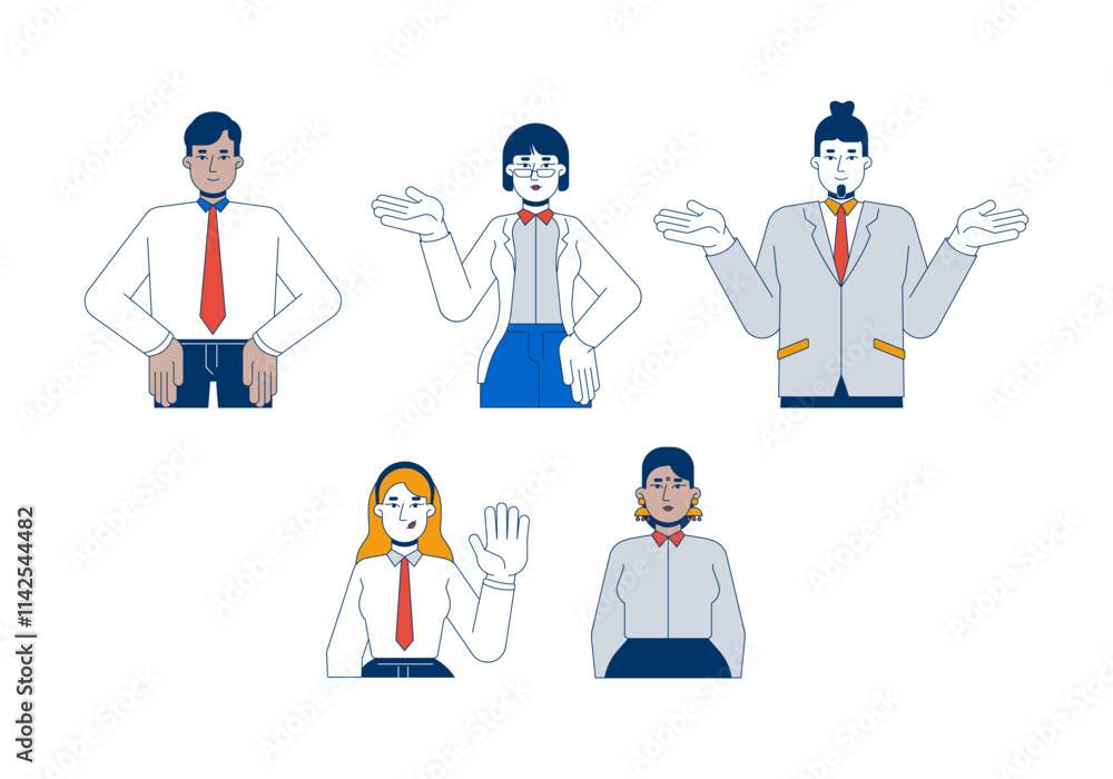 Diverse professionals office workers 2D cartoon characters set. Multiracial suits businesspeople. Business casual adults isolated people flat vector on white background. Spot illustrations collection Diverse professionals office workers 2D cartoon characters set. Multiracial suits businesspeople. Business casual adults isolated people flat vector on white background. Spot illustrations collection