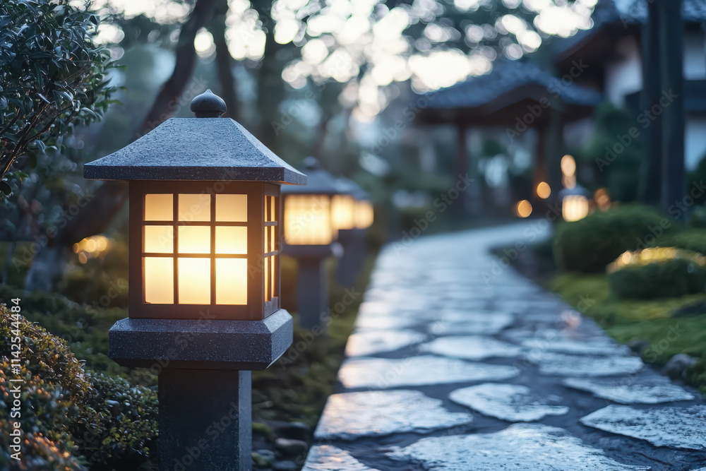 Illuminated lanterns guiding a garden path at night soft bokeh effects tranquil atmosphere outdoor serenity Illuminated lanterns guiding a garden path at night soft bokeh effects tranquil atmosphere outdoor serenity